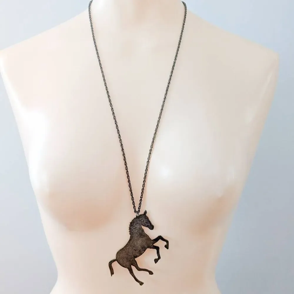Bronze Horse Pendant Long Chain Necklace